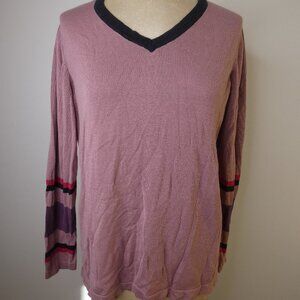 WinterSilks Womens L Silk Cotton Pullover Sweater Vneck Pink Striped Sleeve Soft